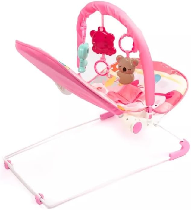 Pink Baby Bouncer Chair with Vibrations & Hanging Toys – Soft Padded Infant Seat with Safety Harness