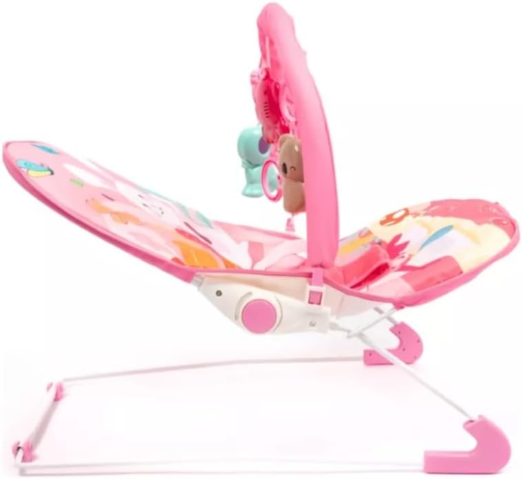 Pink Baby Bouncer Chair with Vibrations & Hanging Toys – Soft Padded Infant Seat with Safety Harness