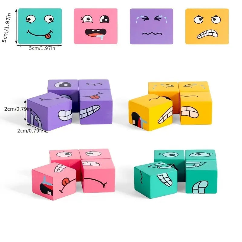 Wooden Expression Puzzle Blocks with Bell for Learning and Education - Colorful Emotion Building Cubes for Ages 3 and Up