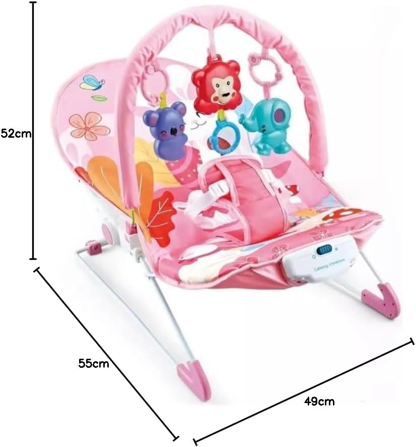 Pink Baby Bouncer Chair with Vibrations & Hanging Toys – Soft Padded Infant Seat with Safety Harness