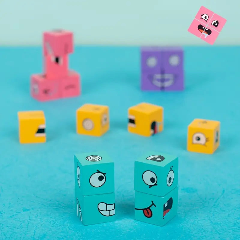 Wooden Expression Puzzle Blocks with Bell for Learning and Education - Colorful Emotion Building Cubes for Ages 3 and Up