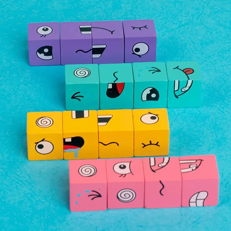 Wooden Expression Puzzle Blocks with Bell for Learning and Education - Colorful Emotion Building Cubes for Ages 3 and Up