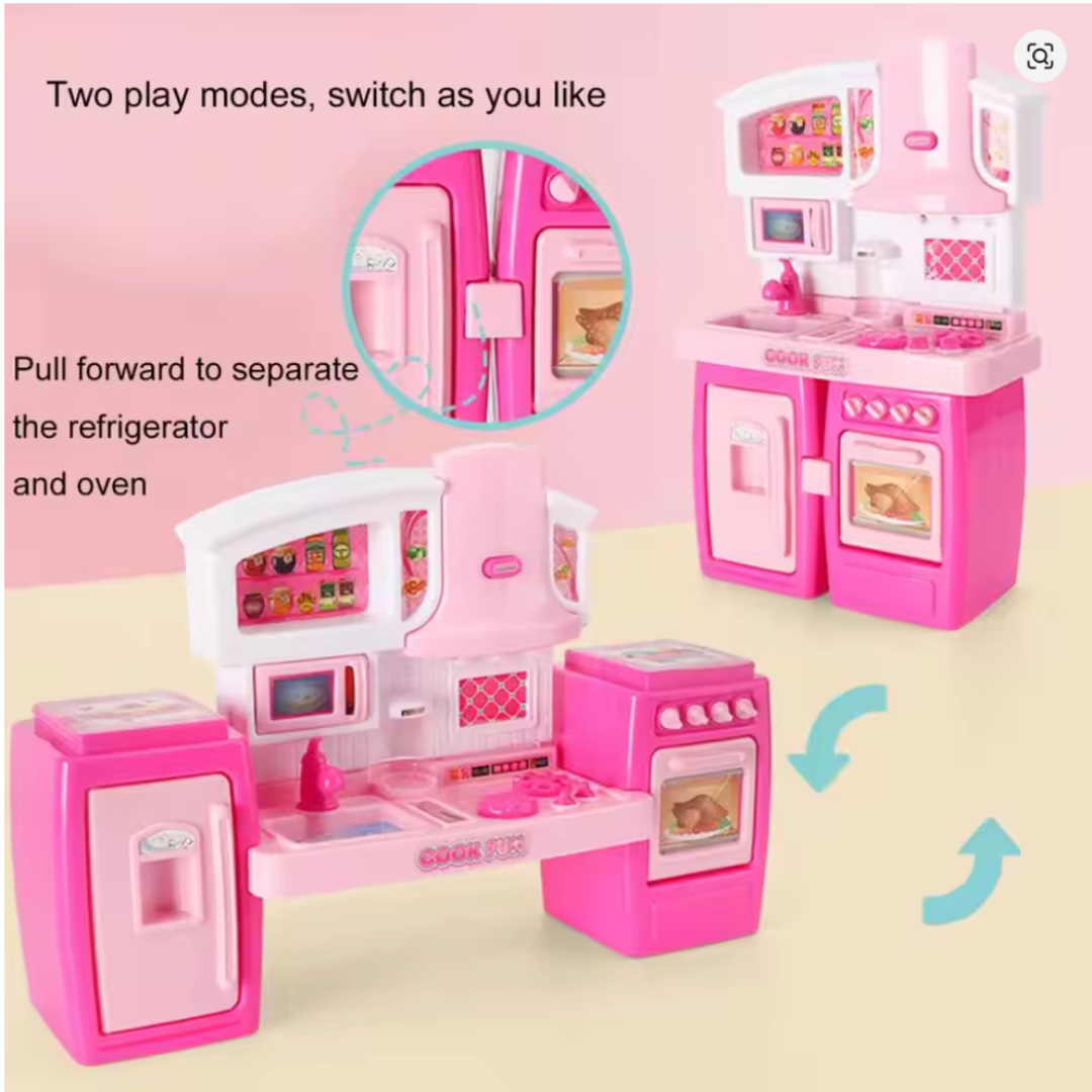 Pink Kids Toy Kitchen Playset with Lights, Sounds, Fridge & Oven – Pretend Cooking Set for Girls