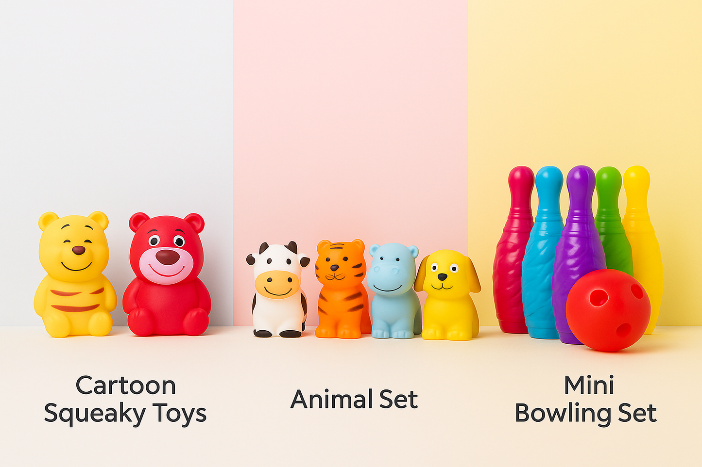 3 Cartoon Squeeze Toy + 6 Animal Squeeze Toy + Kids bowling set. ( Pack of 3 )