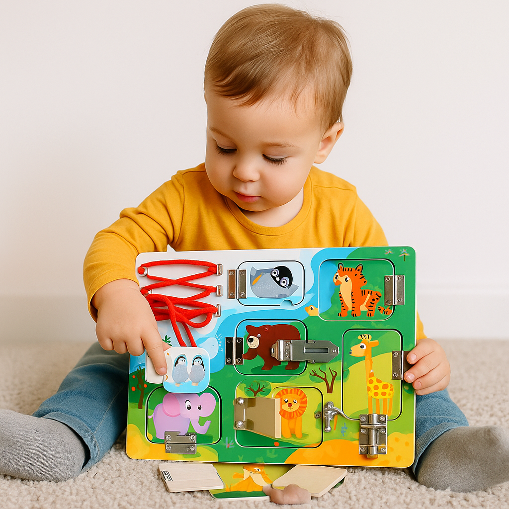 Wooden Animals Busy Boards – Learning with Locks, Laces & Hidden Surprises