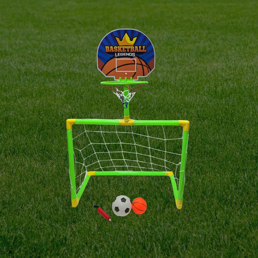 2-in-1 Kids Basketball & Soccer Goal 22pcs Set Plastic – with Ball, Pump & Net