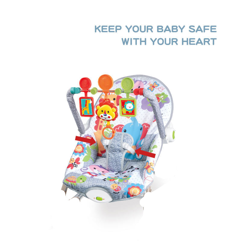 Baby Bouncer Chair with Vibrations and Animal Toy Bar – Gray Safari Theme, Soft Seat
