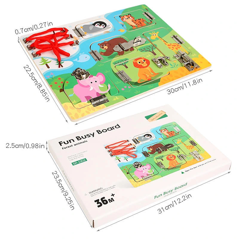 Wooden Animals Busy Boards – Learning with Locks, Laces & Hidden Surprises