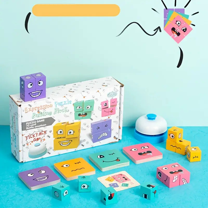 Wooden Expression Puzzle Blocks with Bell for Learning and Education - Colorful Emotion Building Cubes for Ages 3 and Up
