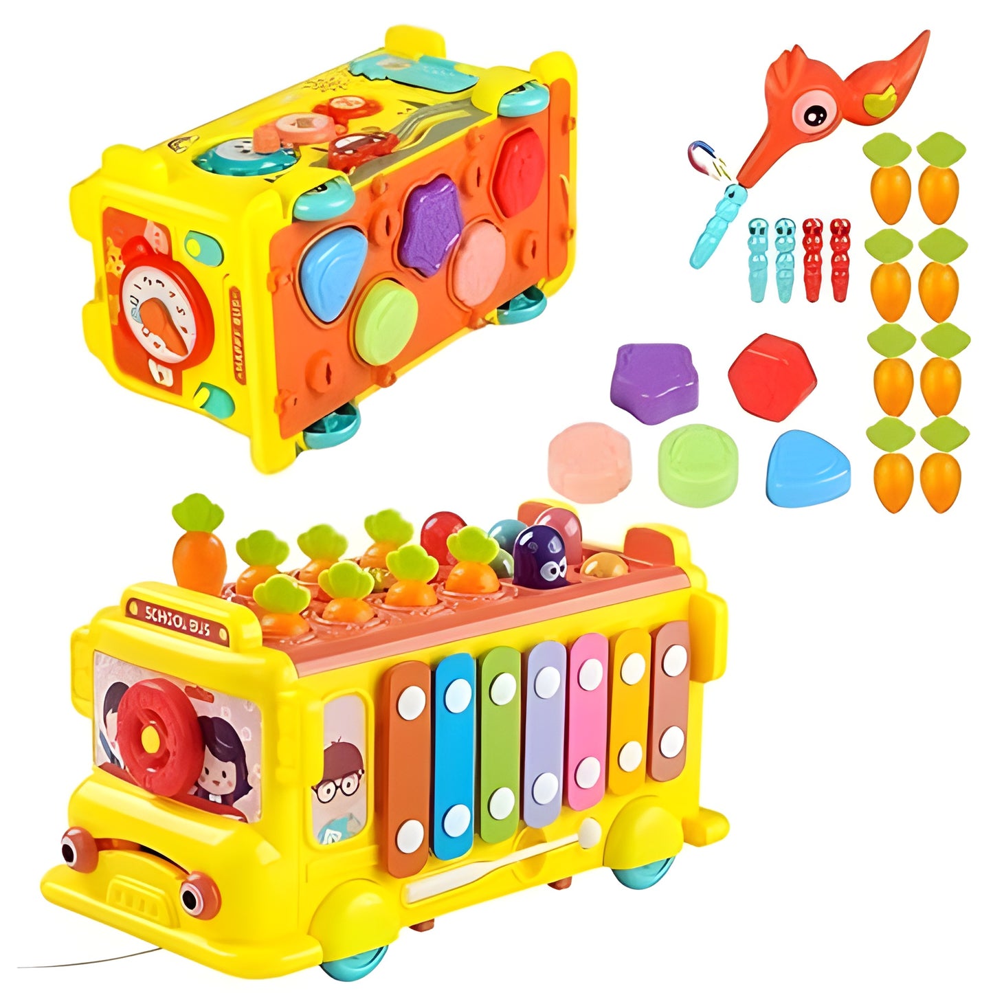Montessori Activity School Bus – Shape Sorter, Music & Xylophone Toy for 1–3 Yrs