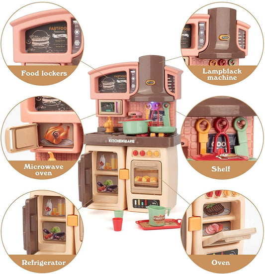 Kitchen Counter & Kitchenware Pretend Play Set – Interactive Toy Kitchen with Lights, Sound & Accessories (Fast Food Style)