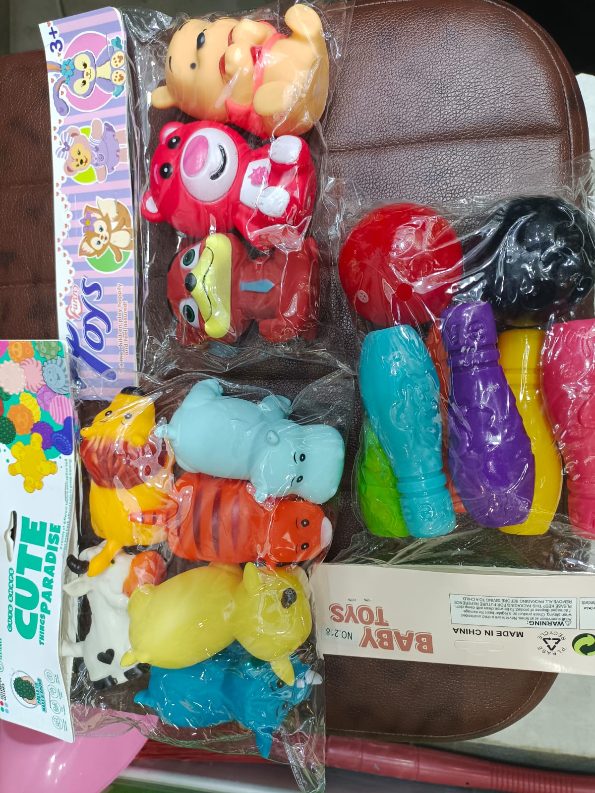 3 Cartoon Squeeze Toy + 6 Animal Squeeze Toy + Kids bowling set. ( Pack of 3 )