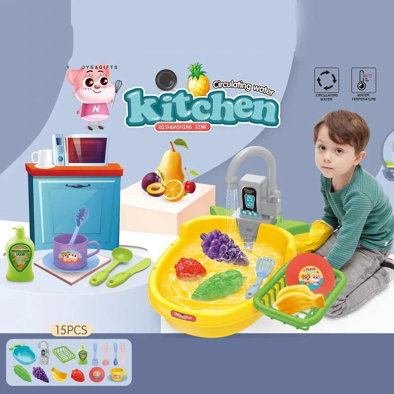 Kitchen Sink Toy 15 Pcs Set – Simulated Dishwashing with Real Water & Accessories (3+ Years)