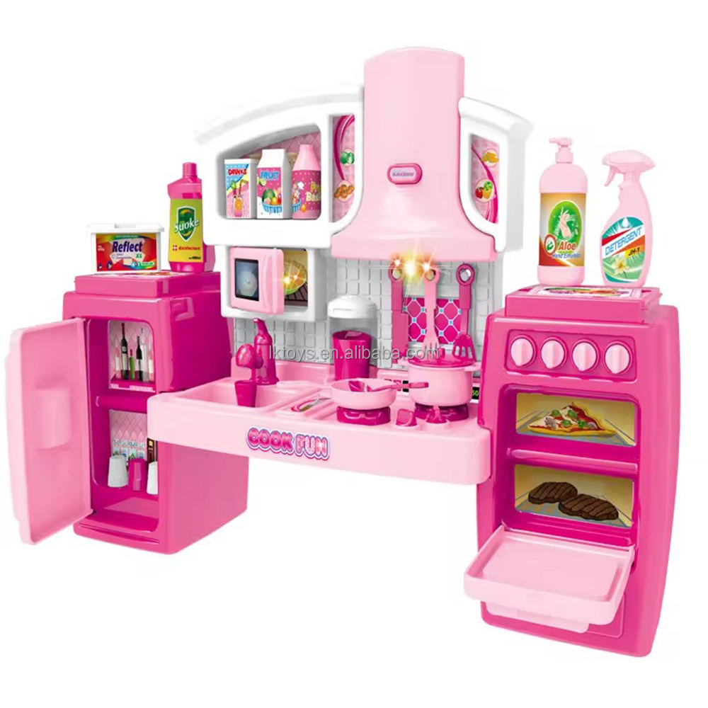 Pink Kids Toy Kitchen Playset with Lights, Sounds, Fridge & Oven – Pretend Cooking Set for Girls