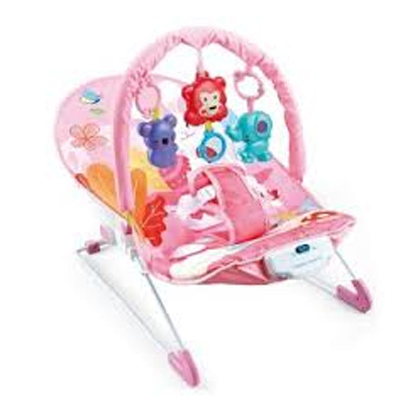 Pink Baby Bouncer Chair with Vibrations & Hanging Toys – Soft Padded Infant Seat with Safety Harness