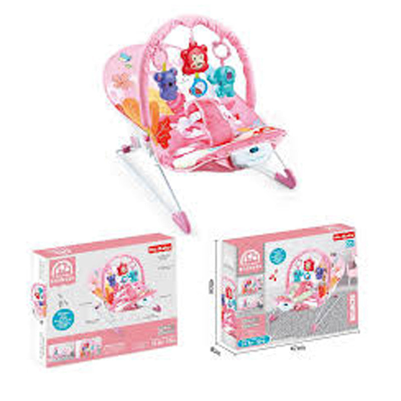 Pink Baby Bouncer Chair with Vibrations & Hanging Toys – Soft Padded Infant Seat with Safety Harness