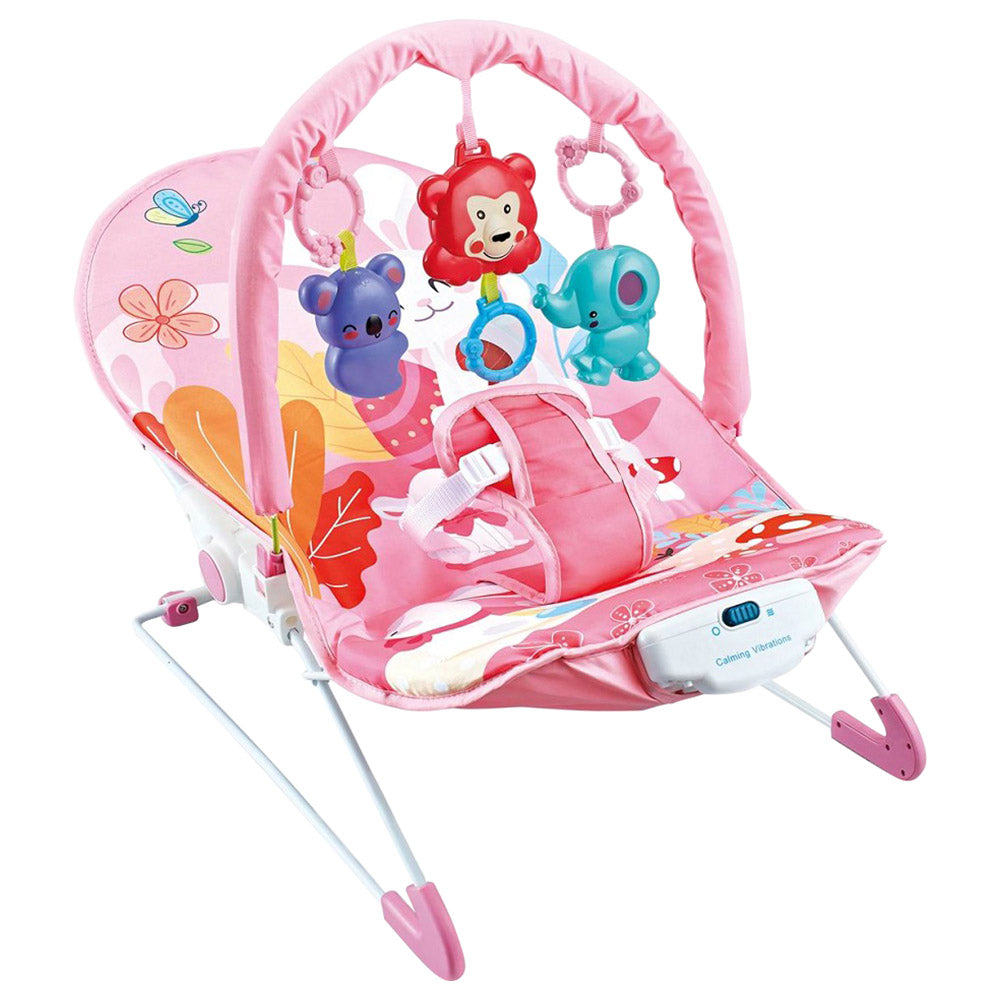 Pink Baby Bouncer Chair with Vibrations & Hanging Toys – Soft Padded Infant Seat with Safety Harness