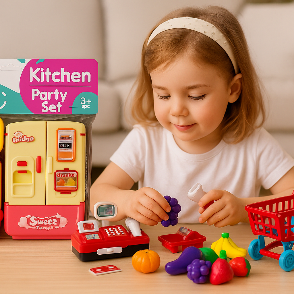 Mini Supermarket & Kitchen Playset Bundle – Fridge, Oven, Shopping Cart & Cash Register