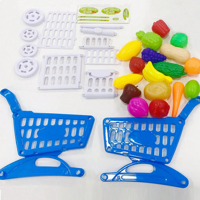 Kids Shopping Cart Playset + Fruit & Veggies Cutting Pack (Bundle)