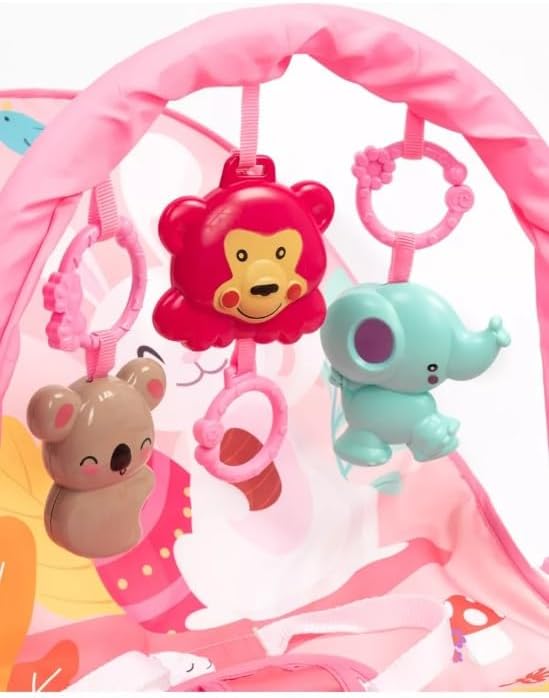 Pink Baby Bouncer Chair with Vibrations & Hanging Toys – Soft Padded Infant Seat with Safety Harness