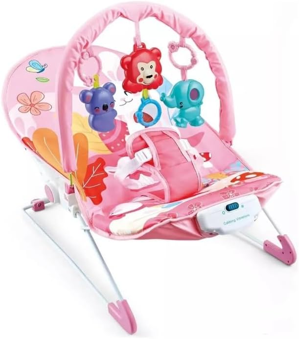 Pink Baby Bouncer Chair with Vibrations & Hanging Toys – Soft Padded Infant Seat with Safety Harness
