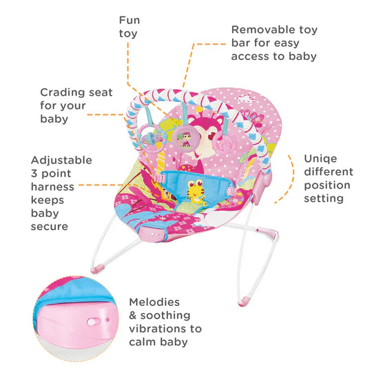 Colorful -Themed Baby Bouncer with Toy Bar – Soft & Secure