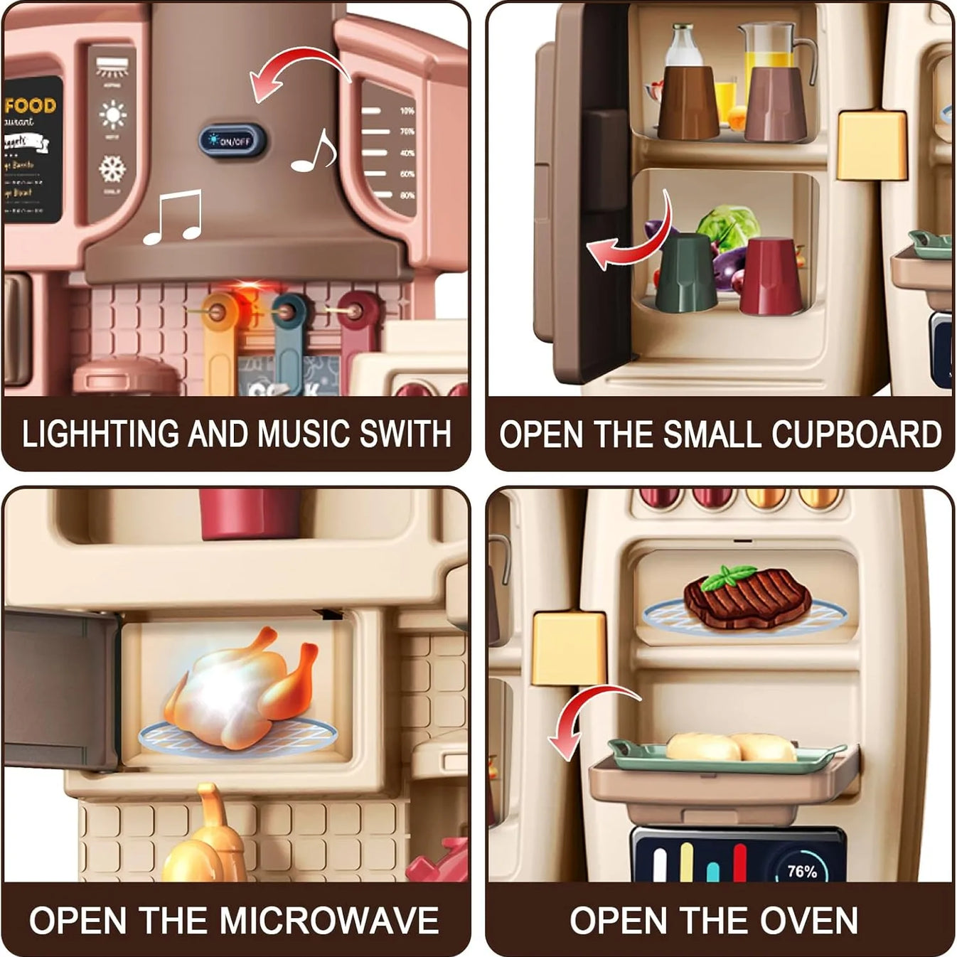 Kids Play Kitchen Set with Oven, Fridge, Dessert Trolley & Accessories