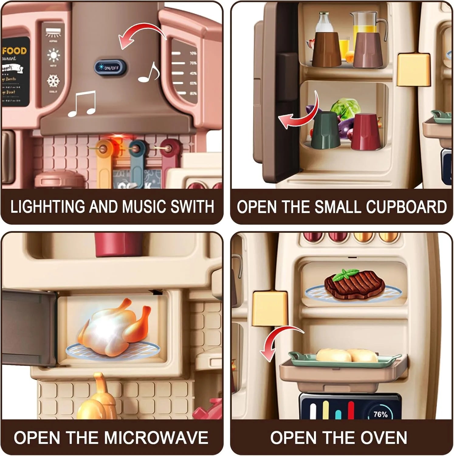 Kids Play Kitchen Set with Oven, Fridge, Dessert Trolley & Accessories