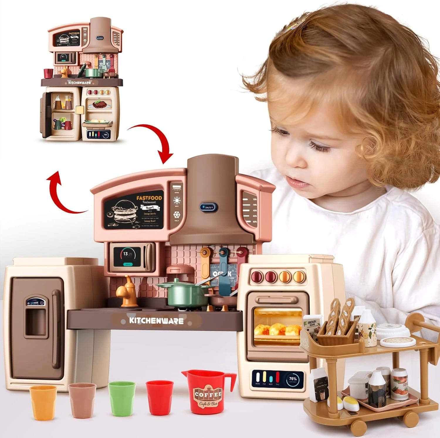 Kids Kitchen Playset with Fridge, Oven, Microwave & Food Trolley