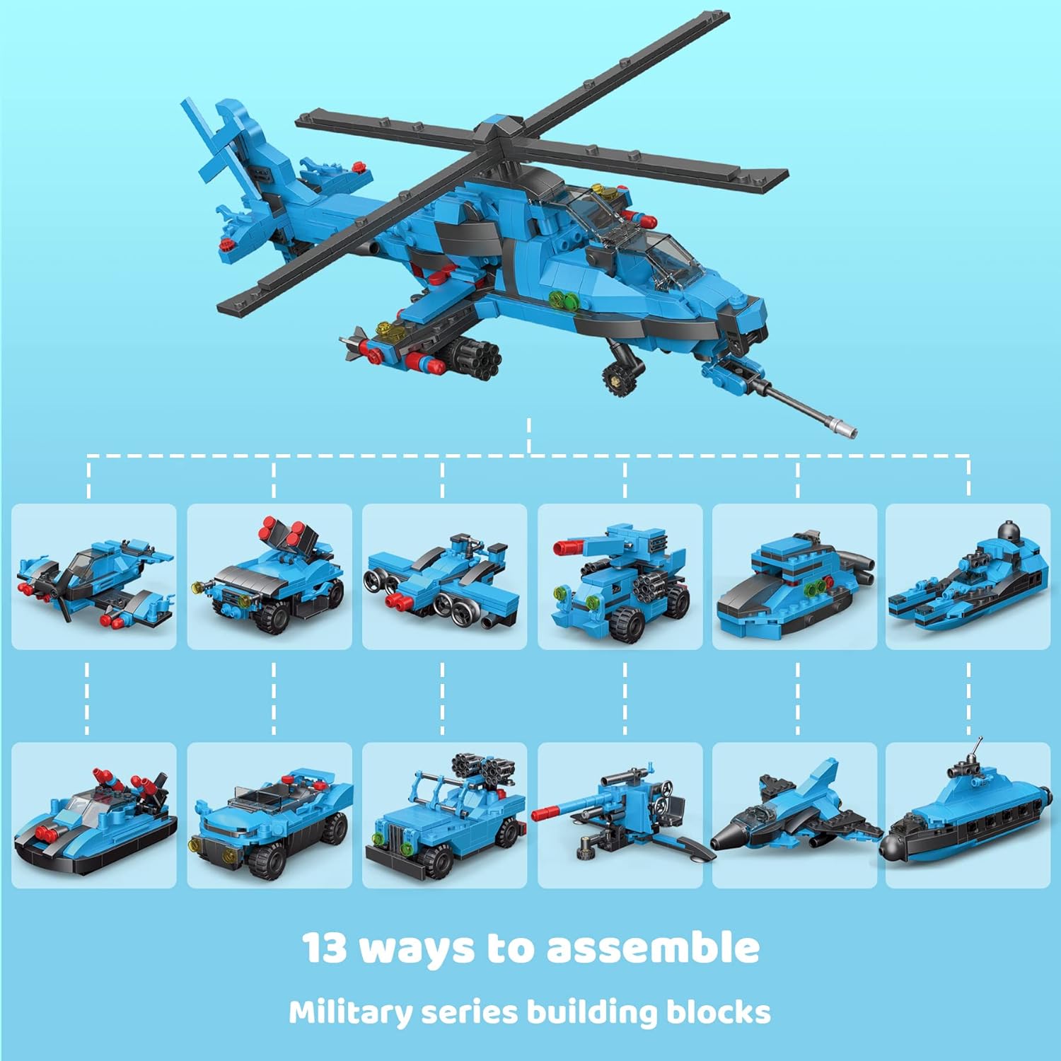 Military Helicopter Building Block Set – 727+ PCS, 13-in-1 Model Kit