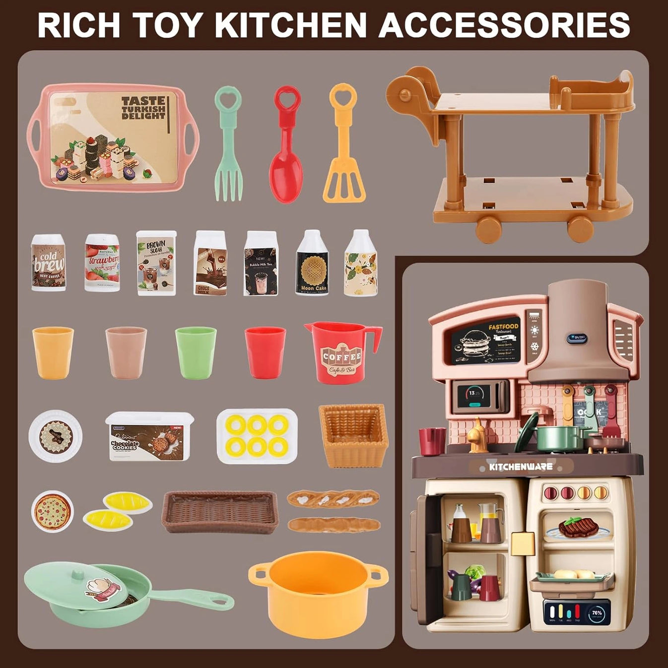 Kids Kitchen Playset with Fridge, Oven, Microwave & Food Trolley