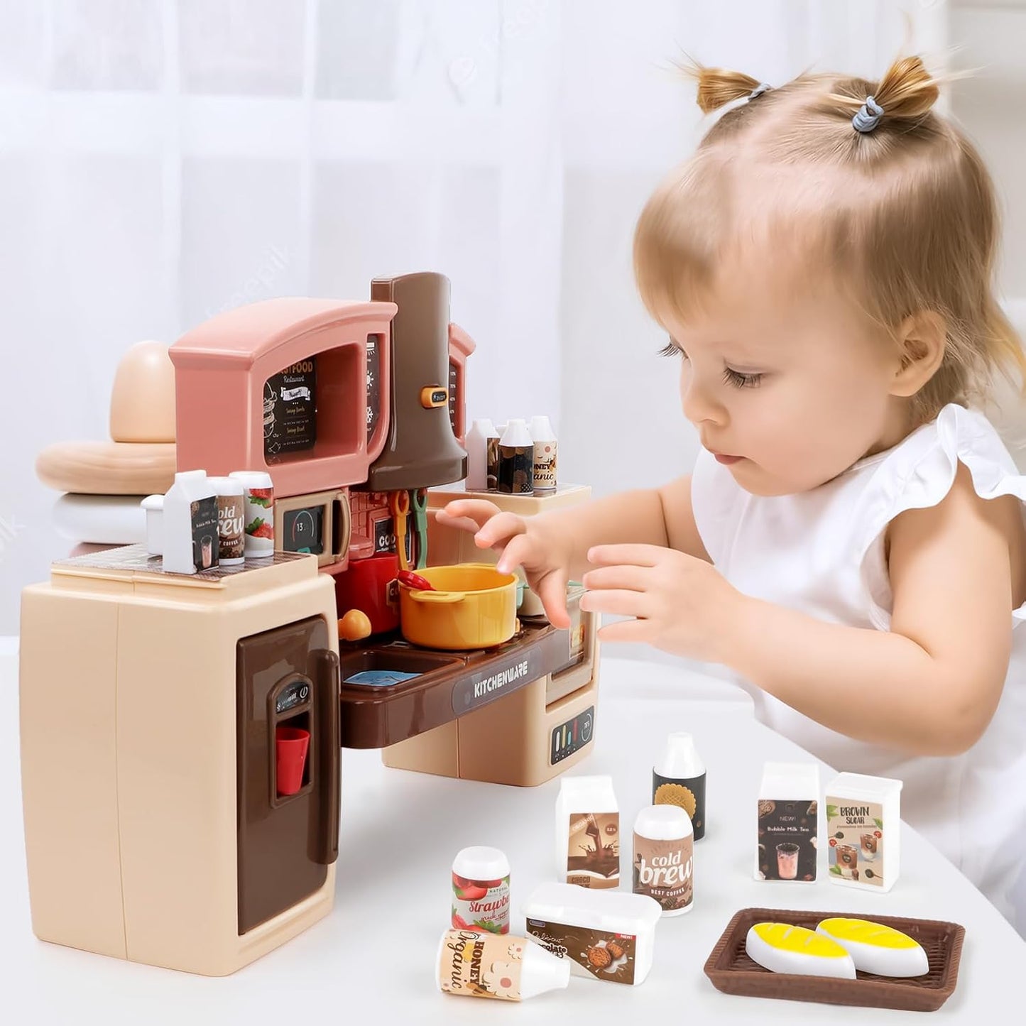 Kitchen Counter & Kitchenware Pretend Play Set – Interactive Toy Kitchen with Lights, Sound & Accessories (Fast Food Style)
