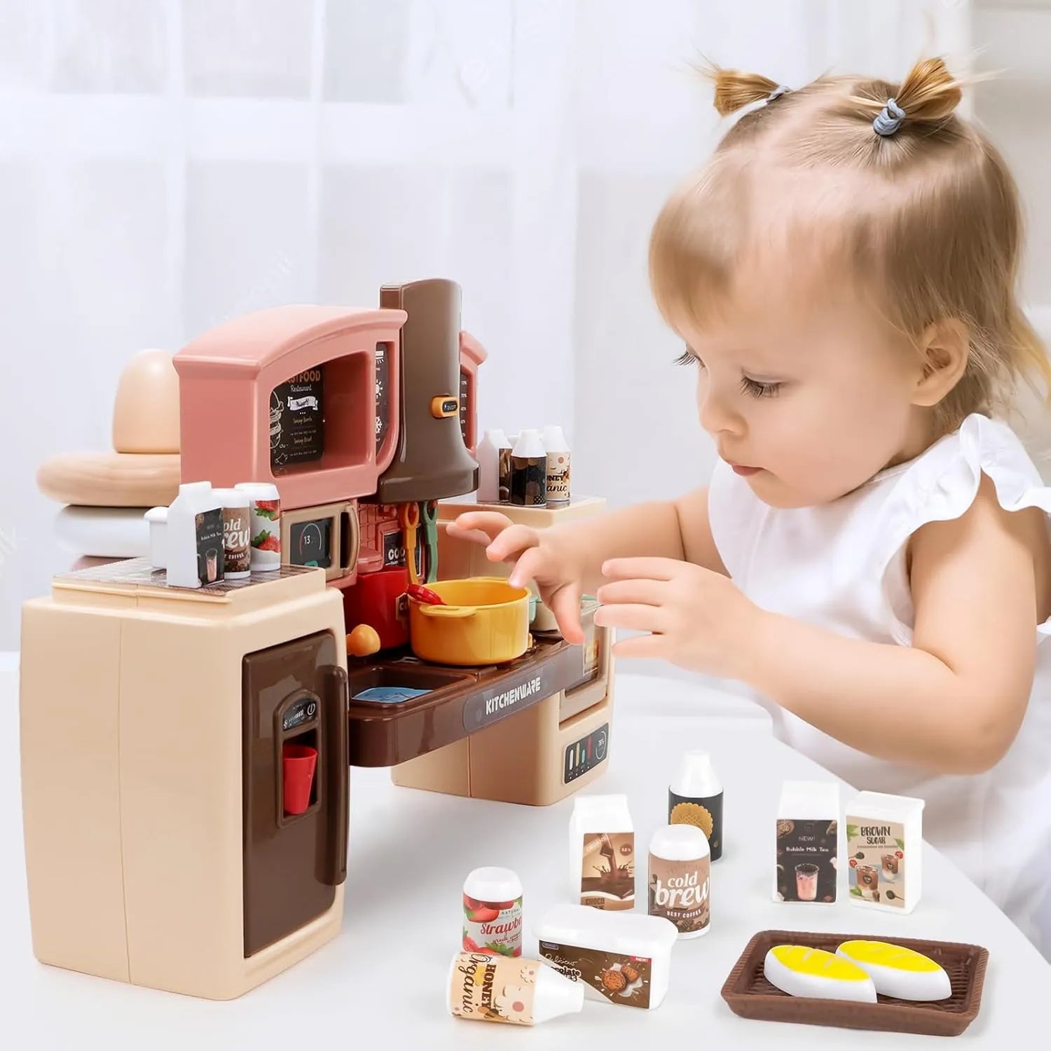 Kitchen Counter & Kitchenware Pretend Play Set – Interactive Toy Kitchen with Lights, Sound & Accessories (Fast Food Style)
