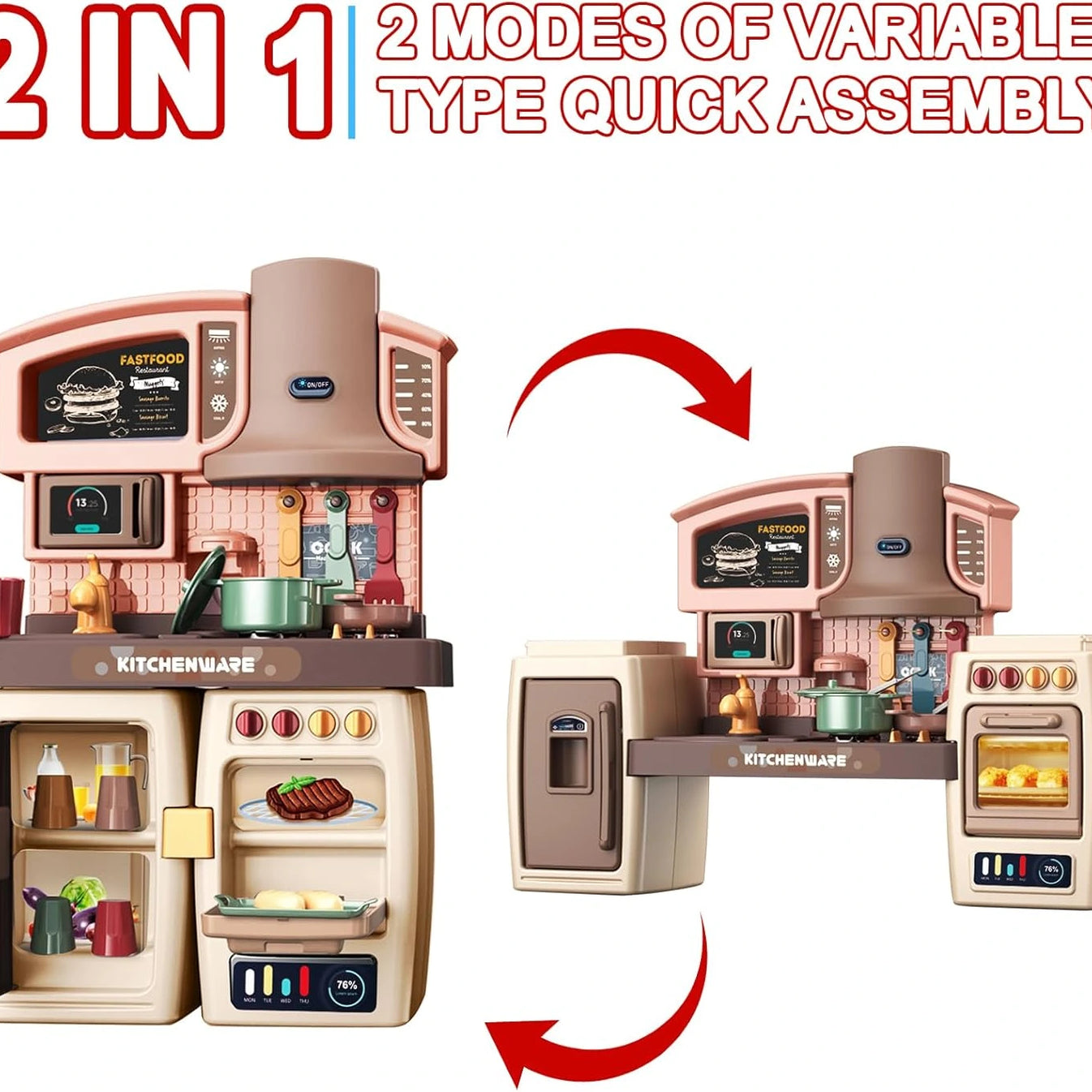 Kids Play Kitchen Set with Oven, Fridge, Dessert Trolley & Accessories