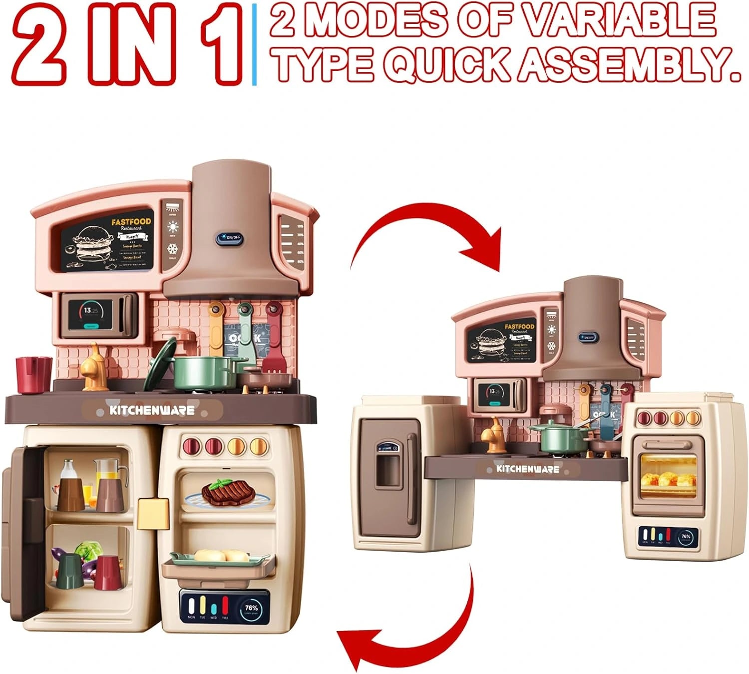 Kids Play Kitchen Set with Oven, Fridge, Dessert Trolley & Accessories