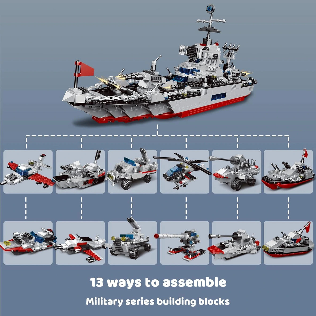 Navy Battleship Building Block Set – 739+ PCS, 13-in-1 Upgrade Kit