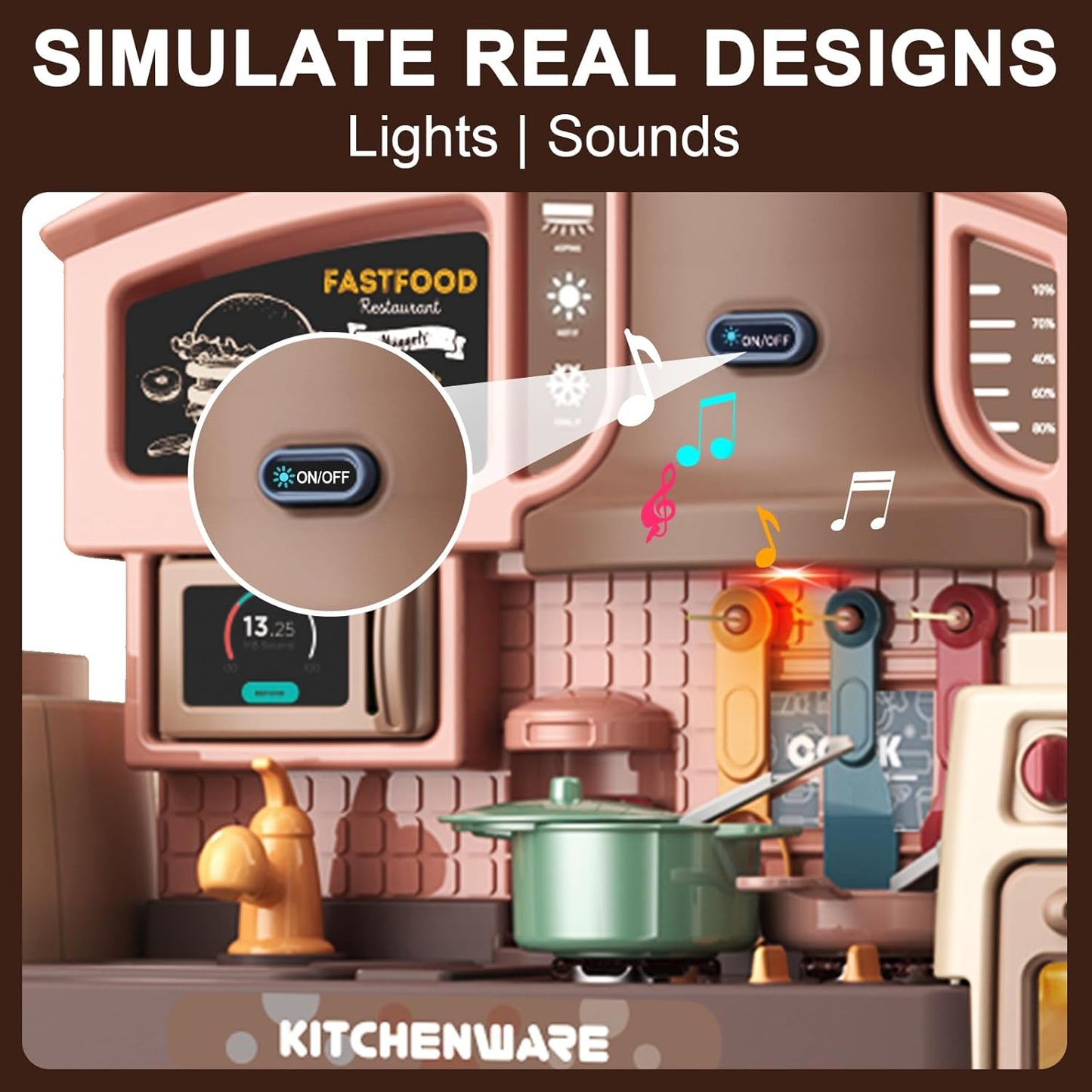 Kitchen Counter & Kitchenware Pretend Play Set – Interactive Toy Kitchen with Lights, Sound & Accessories (Fast Food Style)
