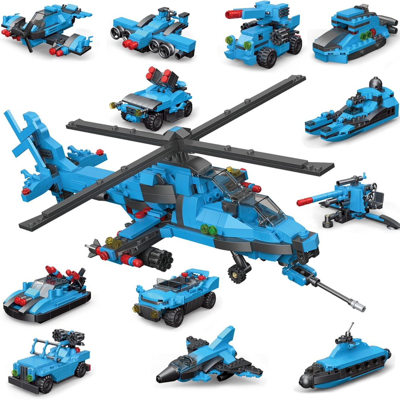 Military Helicopter Building Block Set – 727+ PCS, 13-in-1 Model Kit