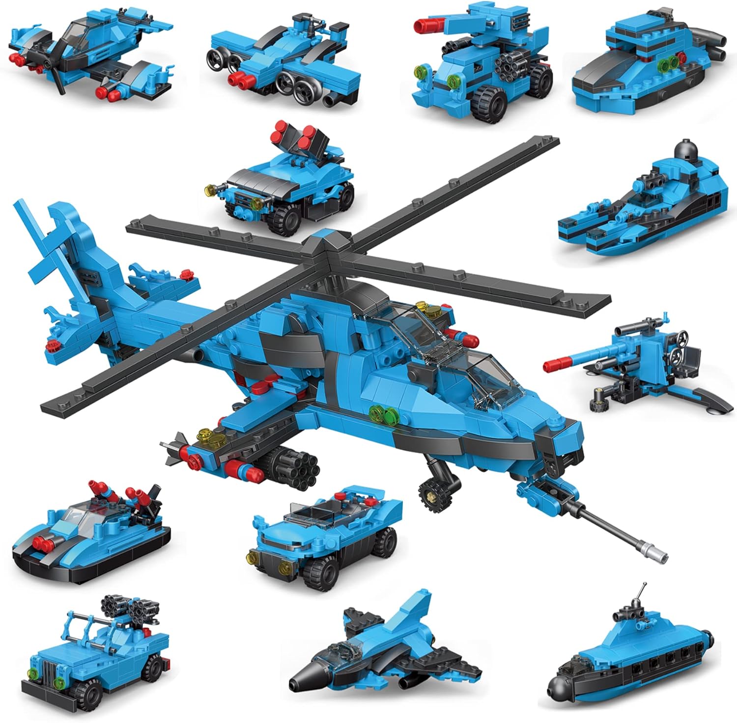 Military Helicopter Building Block Set – 727+ PCS, 13-in-1 Model Kit