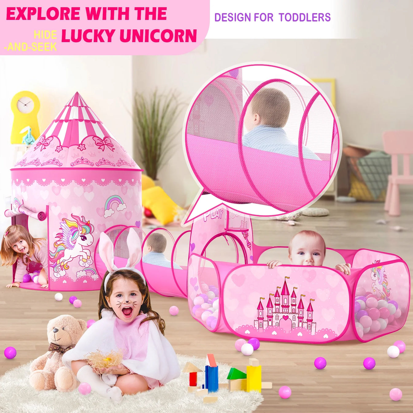 3PC Princess Play Tent, Tunnel & Pool for Girls Toddlers Playhouse Balls are Not Include.