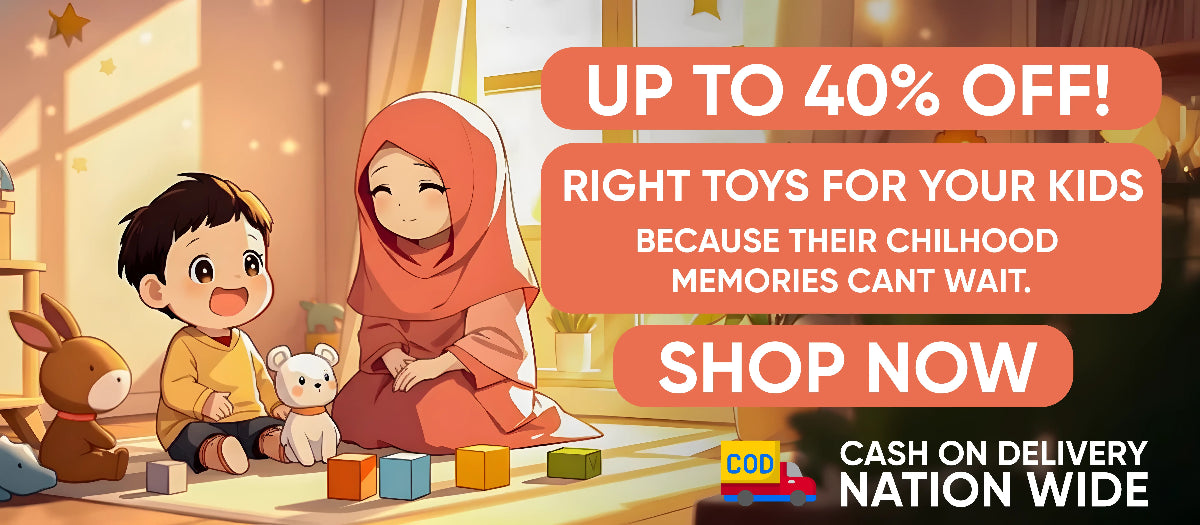 Advertisement for children's toys with a woman and two children playing, featuring a discount offer.