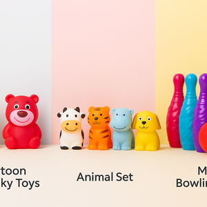 3 Cartoon Squeeze Toy + 6 Animal Squeeze Toy + Kids bowling set.  ( Pack of 3 )