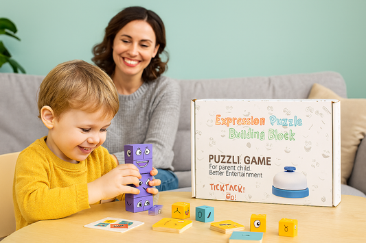 Wooden Expression Puzzle Blocks with Bell for Learning and Education - Colorful Emotion Building Cubes for Ages 3 and Up