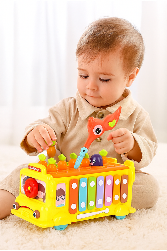 Montessori Activity School Bus – Shape Sorter, Music & Xylophone Toy for 1–3 Yrs