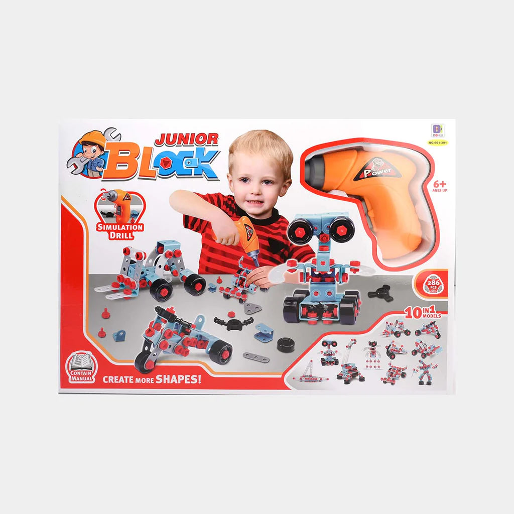 Junior Block 10-in-1 Construction Building Set with Electric Drill – 286 PCS (Ages 6+)