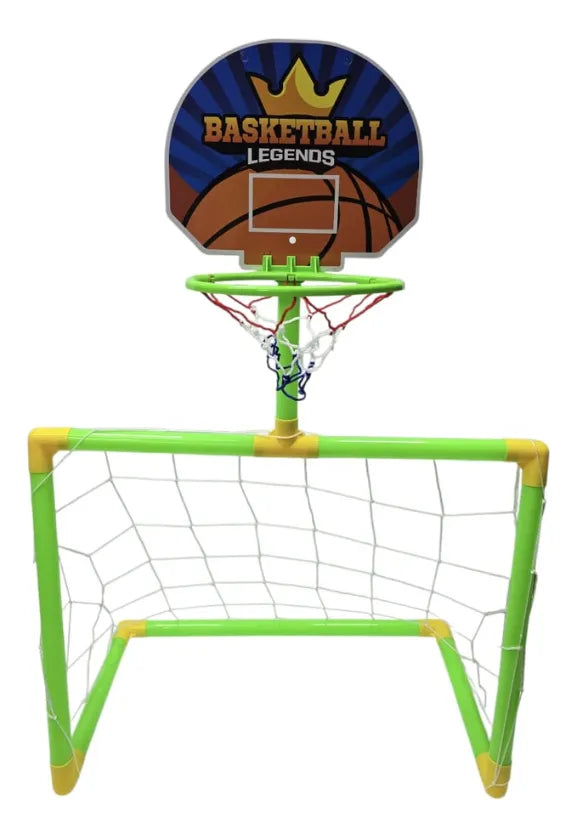2-in-1 Kids Basketball & Soccer Goal 22pcs Set Plastic – with Ball, Pump & Net