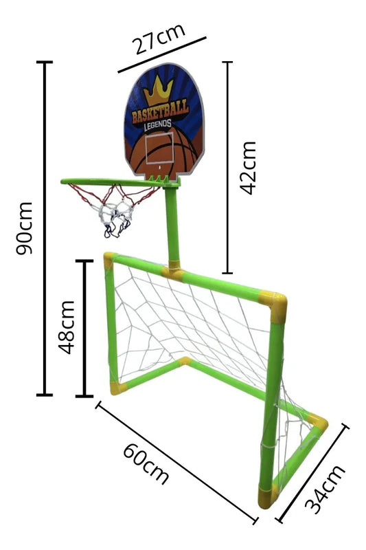 2-in-1 Kids Basketball & Soccer Goal 22pcs Set Plastic – with Ball, Pump & Net