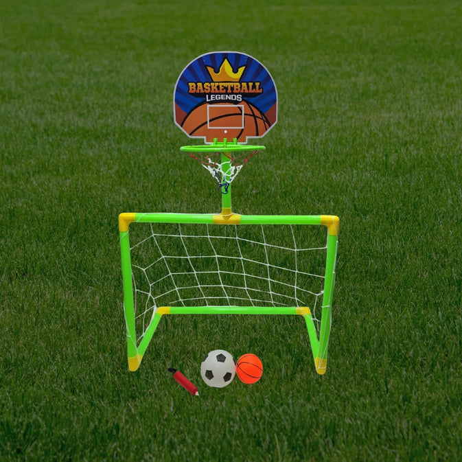 2-in-1 Kids Basketball & Soccer Goal 22pcs Set Plastic – with Ball, Pump & Net