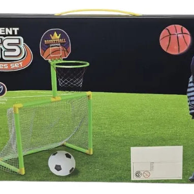 2-in-1 Kids Basketball & Soccer Goal 22pcs Set Plastic – with Ball, Pump & Net