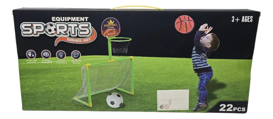 2-in-1 Kids Basketball & Soccer Goal 22pcs Set Plastic – with Ball, Pump & Net